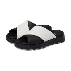 Sorel Shoes Viibe Black White Leather Crisscross Flat Slide Sandals